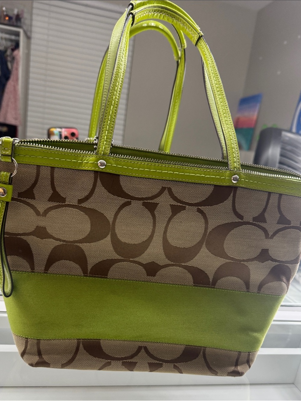 Coach Logo Canvas Tote with Lime Green Trim